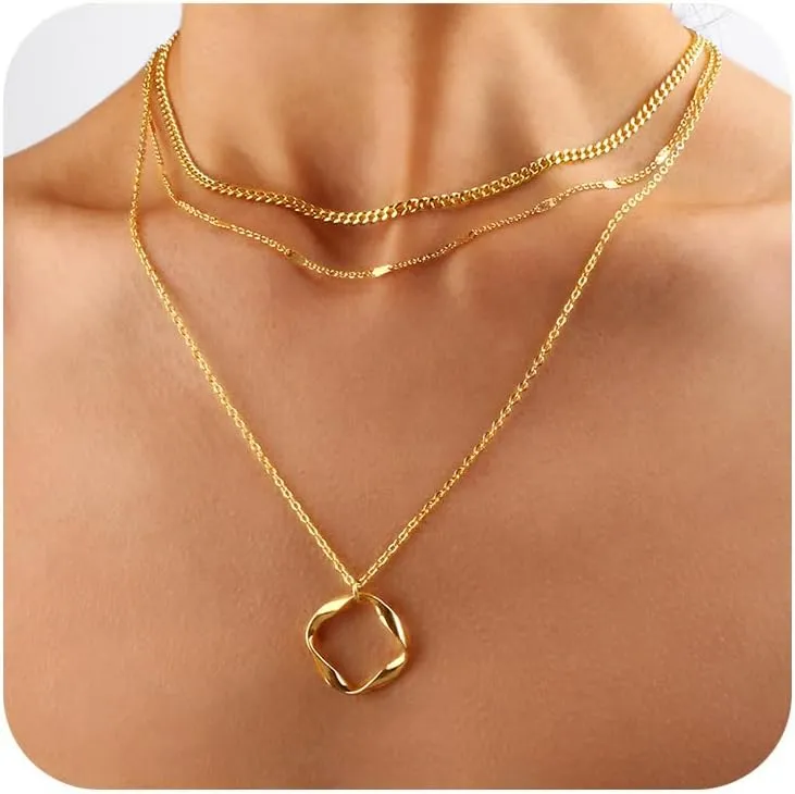 Layered Gold Silver Necklaces for Women,Stack 14K 18K Gold Plated Silver Necklaces Layering Circle Long Trendy Chunky Chain Necklace Set Dainty Bar Jewelry