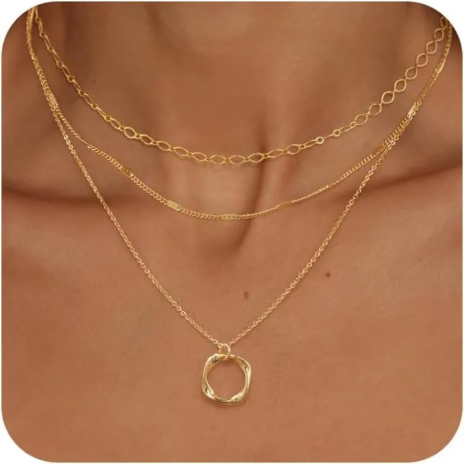 Layered Gold/Silver Necklaces for Women, 14k Gold/Sterling Silver Plated Stackable Stack Choker Necklaces for Women Trendy Layering Circle Pendant Chain Necklace Set Jewelry for Women