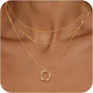 Layered Gold/Silver Necklaces for Women, 14k Gold/Sterling Silver Plated Stackable Stack Choker Necklaces for Women Trendy Layering Circle Pendant Chain Necklace Set Jewelry for Women