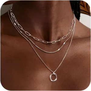 Layered Gold/Silver Necklaces for Women，Stackable 14K Gold/Silver Plated Choker Chain Necklace Simple Layering Stack Pendant Necklaces for Women Trendy Gold Set Jewelry for Women