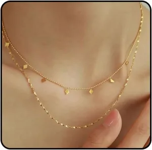 Layered Necklace Set, 14k Gold Plated Layered Gold Necklaces for Women Dainty Double Double Layer Snake Chain Herringbone Satellite Bead Chain Necklace Gold Jewelry
