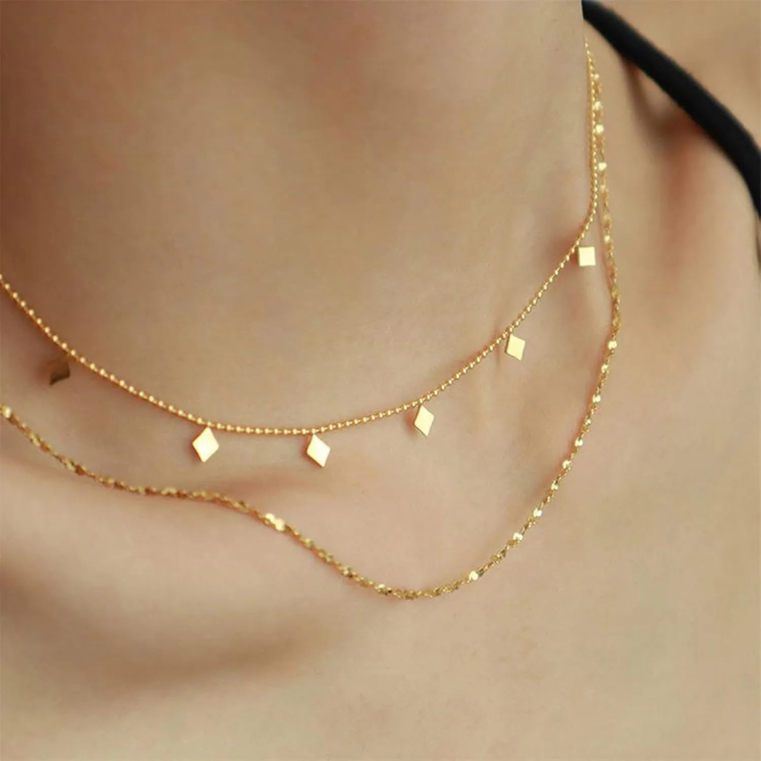 Layered Necklace Set, 14k Gold Plated Layered Gold Necklaces for Women Dainty Double Double Layer Snake Chain Herringbone Satellite Bead Chain Necklace Gold Jewelry
