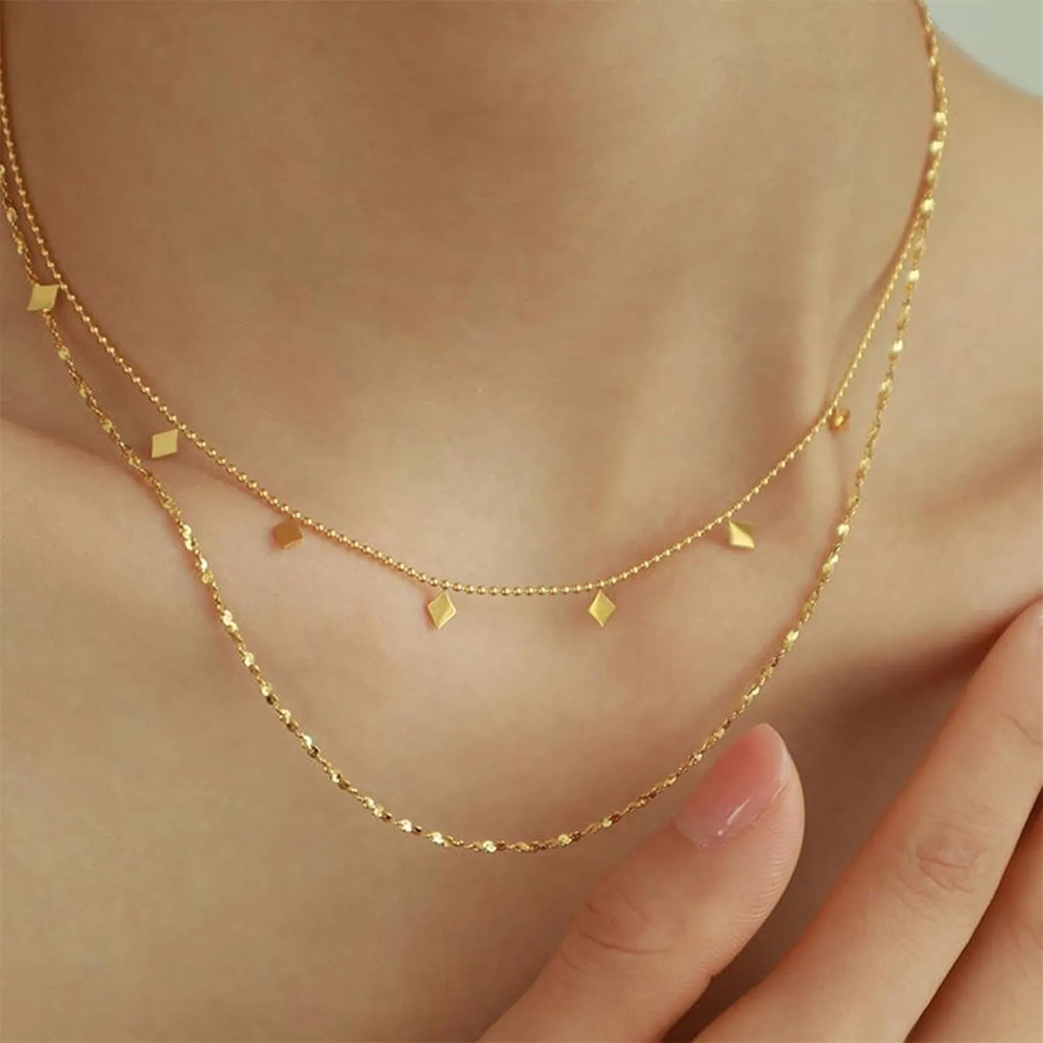 Layered Necklace Set, 14k Gold Plated Layered Gold Necklaces for Women Dainty Double Double Layer Snake Chain Herringbone Satellite Bead Chain Necklace Gold Jewelry