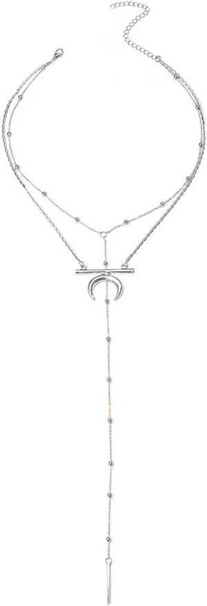 Layered Necklace, Silver Necklaces for Women 2 Layer Pendant Necklaces Long Bead Moon Design Graduation Jewelry for Mom
