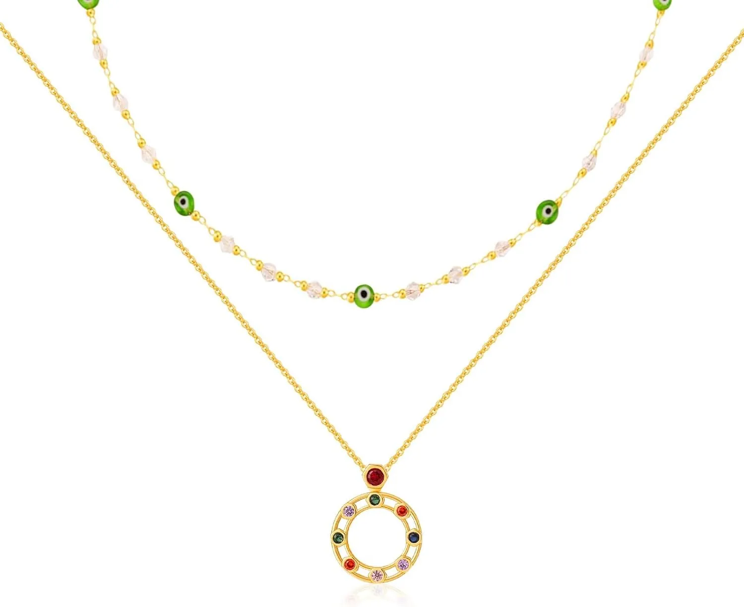 Layered Necklaces for Women 14k Gold Plated Pendant Minimalist Green Evil Eye Choker Necklace Dainty Gold Necklace Jewelry