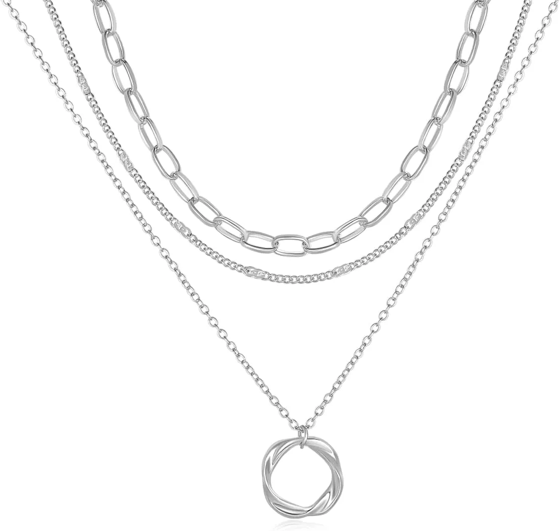 Layered Necklaces for Women Trendy 14K Gold Plated Sterling Silver Pendant Chain Necklace Charm Fashion Jewelry Set for Women Teen Girls