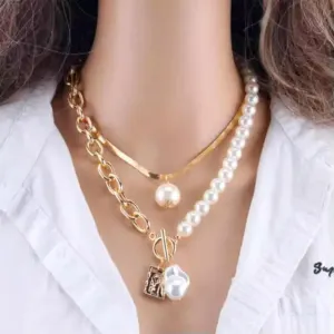 Layered Pearl Fashion Geometric Pendant Necklaces for Women-Gold