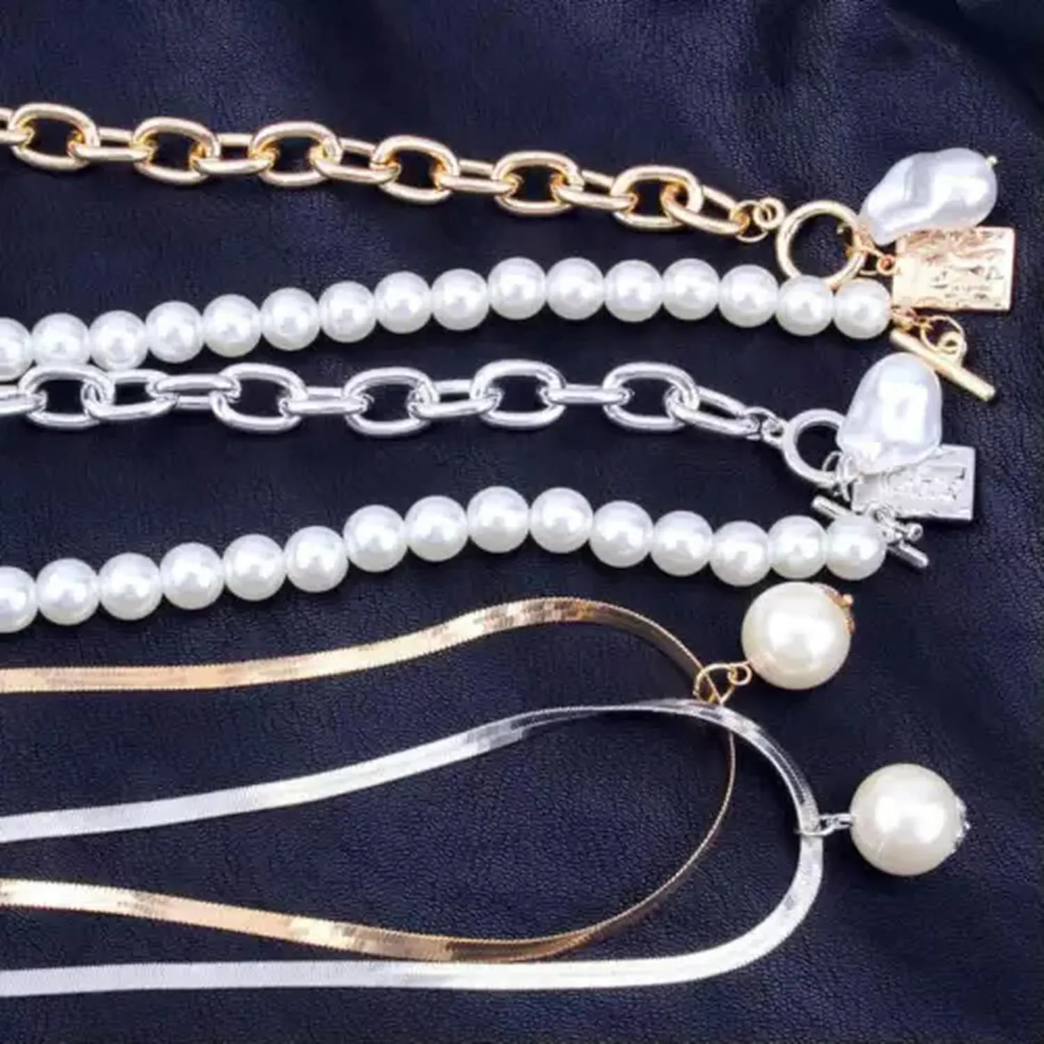 Layered Pearl Fashion Geometric Pendant Necklaces for Women-Gold