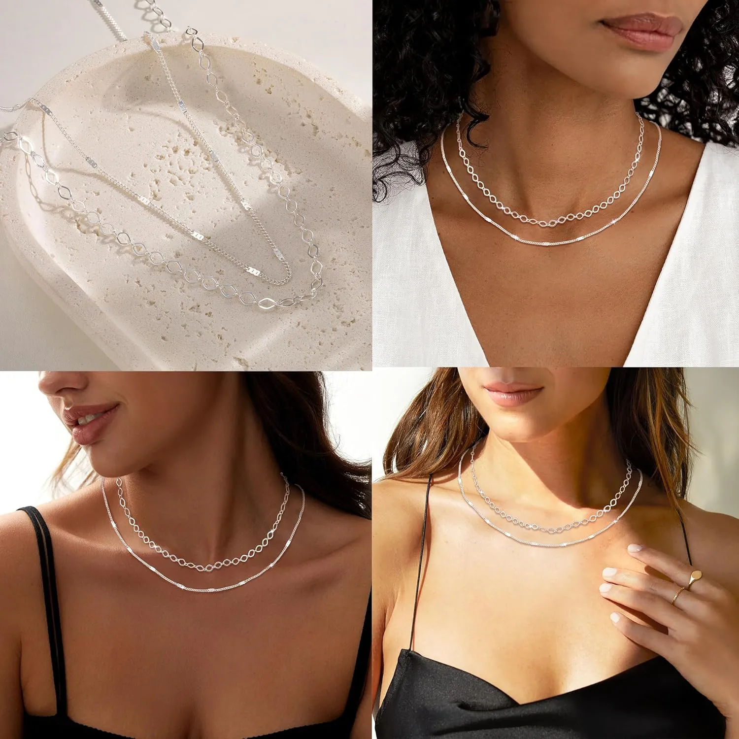 Layered Silver Necklaces for Women: Dainty Double Choker Necklace for Women Silver Plated Satellite Necklace Stack Paperclip Chain Necklace Jewelry for Women Trendy 14/16/18 Inches