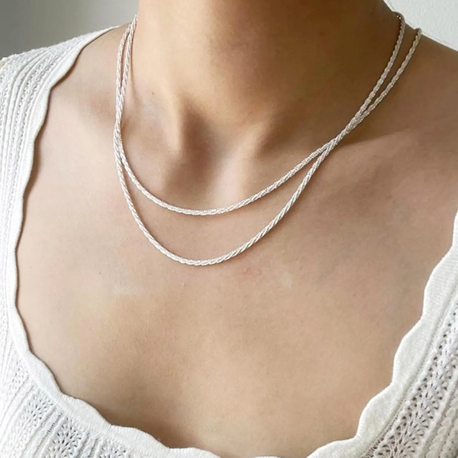 Layered Silver Necklaces for Women: Dainty Double Choker Necklace for Women Silver Plated Satellite Necklace Stack Paperclip Chain Necklace Jewelry for Women Trendy 14/16/18 Inches
