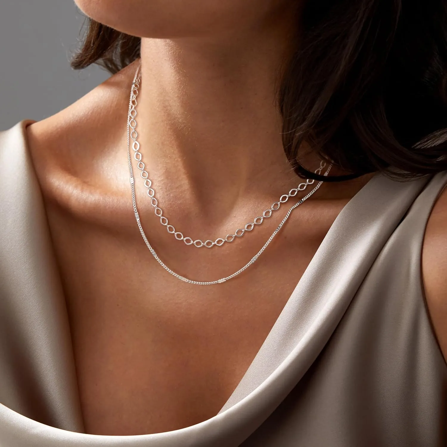 Layered Silver Necklaces for Women: Dainty Double Choker Necklace for Women Silver Plated Satellite Necklace Stack Paperclip Chain Necklace Jewelry for Women Trendy 14/16/18 Inches