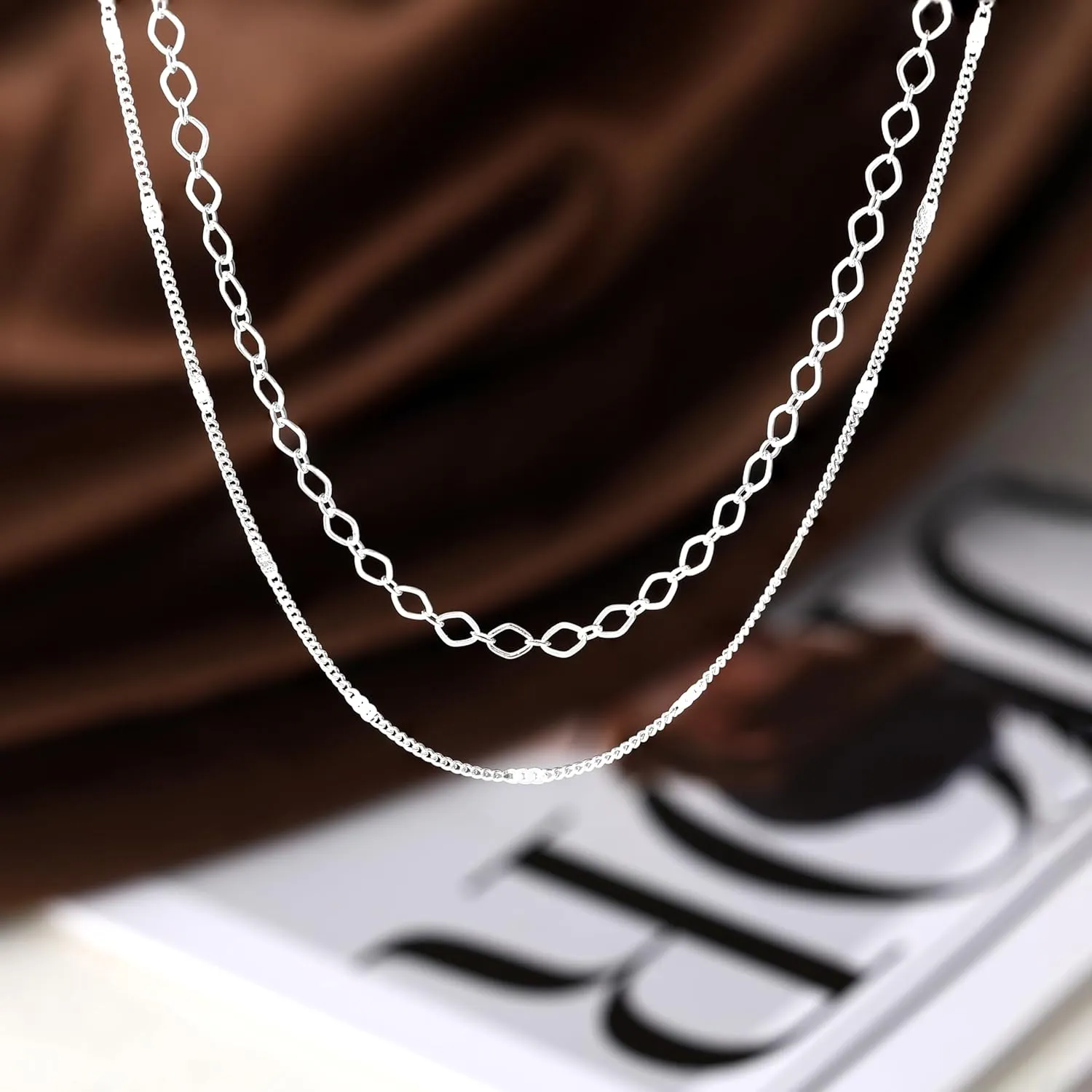 Layered Silver Necklaces for Women: Dainty Double Choker Necklace for Women Silver Plated Satellite Necklace Stack Paperclip Chain Necklace Jewelry for Women Trendy 14/16/18 Inches