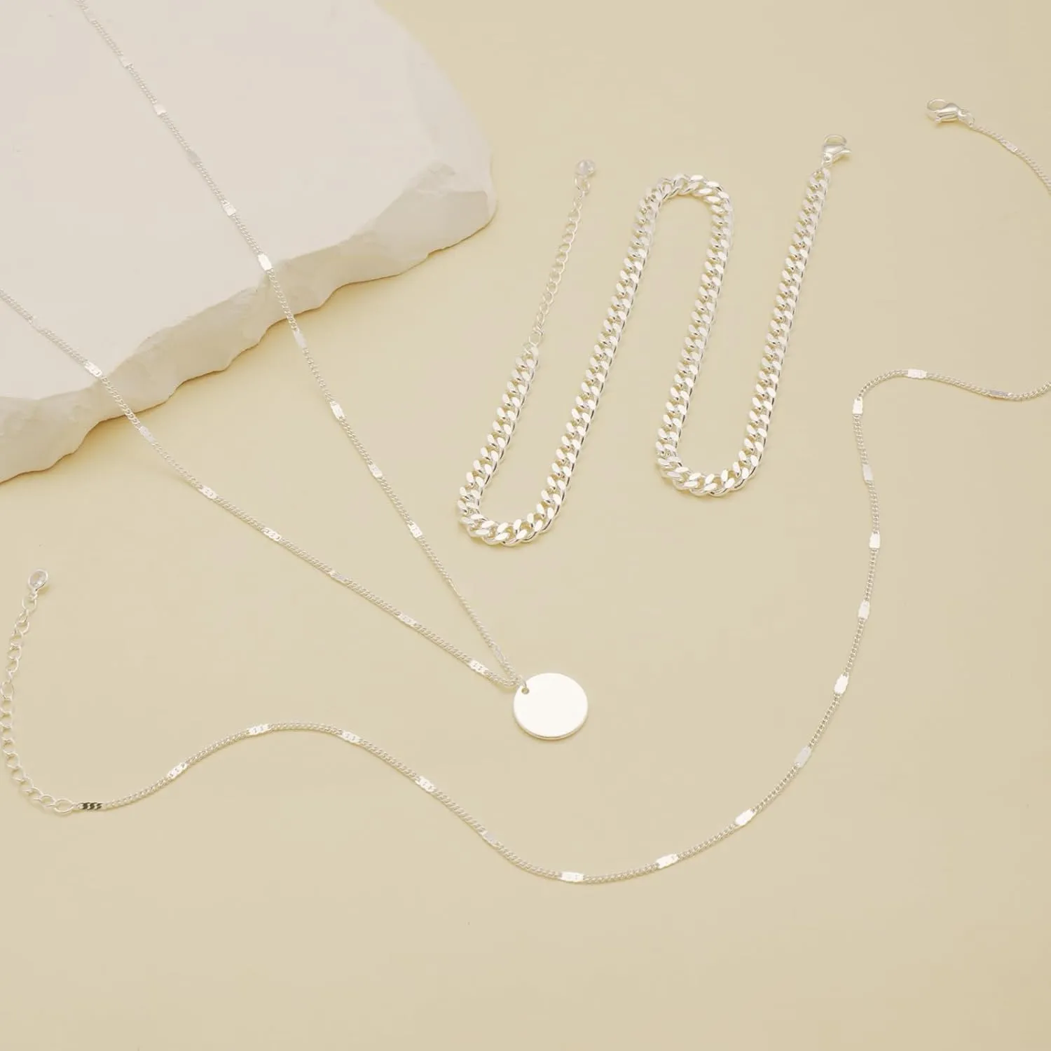 Layered Silver Necklaces for Women, Sterling Silver Stackable Stack Choker Necklaces for Women Trendy Layering Circle Pendant Chain Necklace Set Jewelry for Women