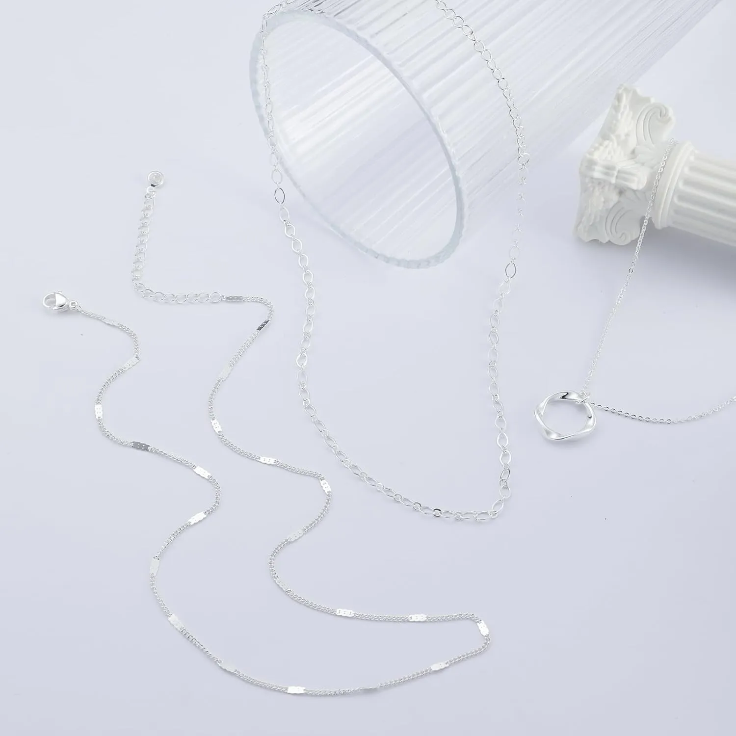 Layered Silver Necklaces for Women, Sterling Silver Stackable Stack Choker Necklaces for Women Trendy Layering Circle Pendant Chain Necklace Set Jewelry for Women