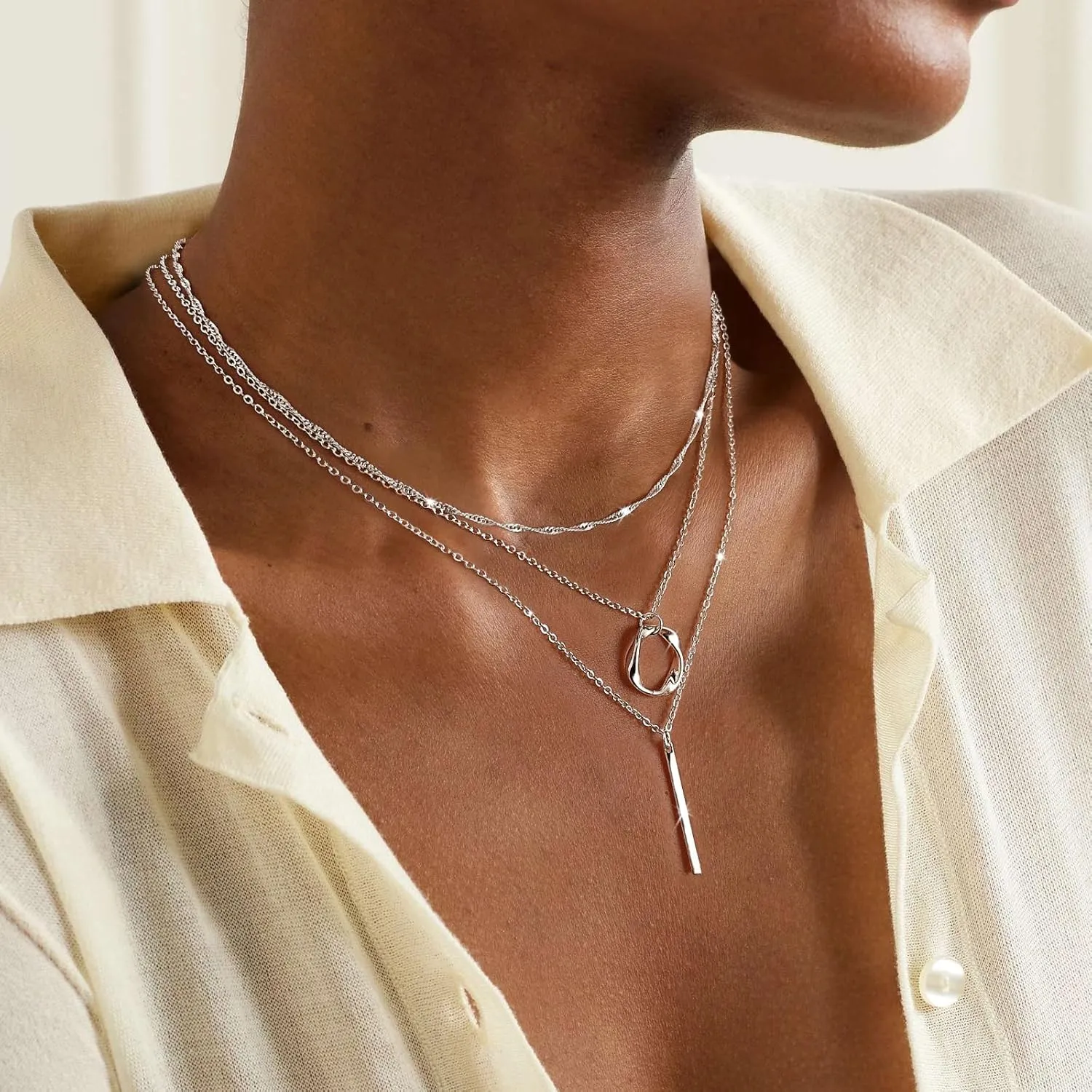 Layered Silver Necklaces for Women, Sterling Silver Stackable Stack Choker Necklaces for Women Trendy Layering Circle Pendant Chain Necklace Set Jewelry for Women
