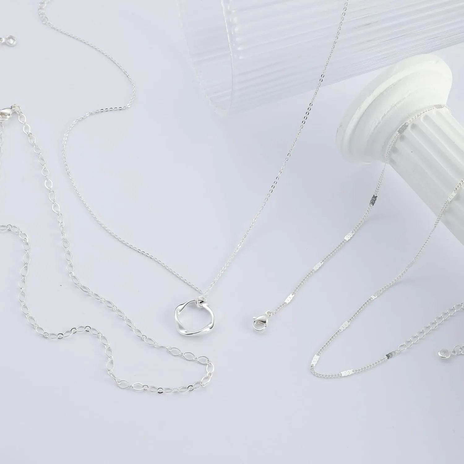Layered Silver Necklaces for Women, Sterling Silver Stackable Stack Choker Necklaces for Women Trendy Layering Circle Pendant Chain Necklace Set Jewelry for Women