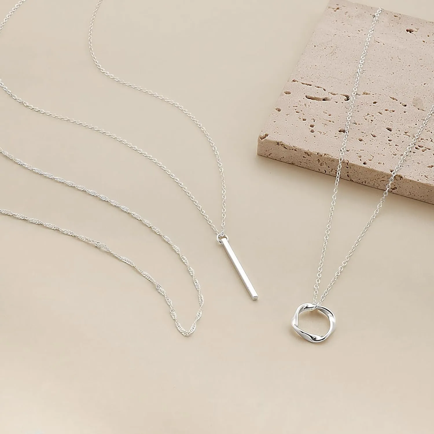 Layered Silver Necklaces for Women, Sterling Silver Stackable Stack Choker Necklaces for Women Trendy Layering Circle Pendant Chain Necklace Set Jewelry for Women