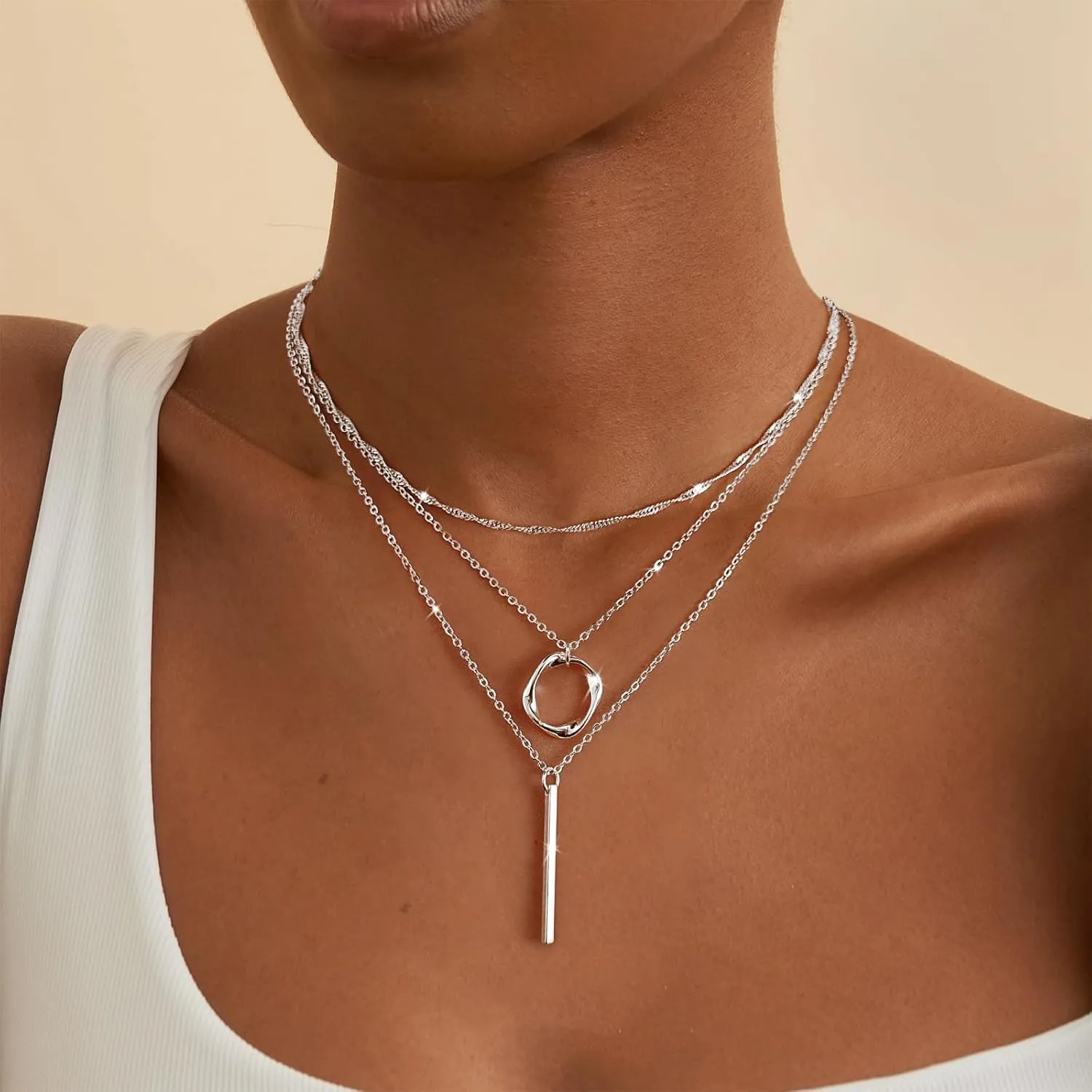 Layered Silver Necklaces for Women, Sterling Silver Stackable Stack Choker Necklaces for Women Trendy Layering Circle Pendant Chain Necklace Set Jewelry for Women