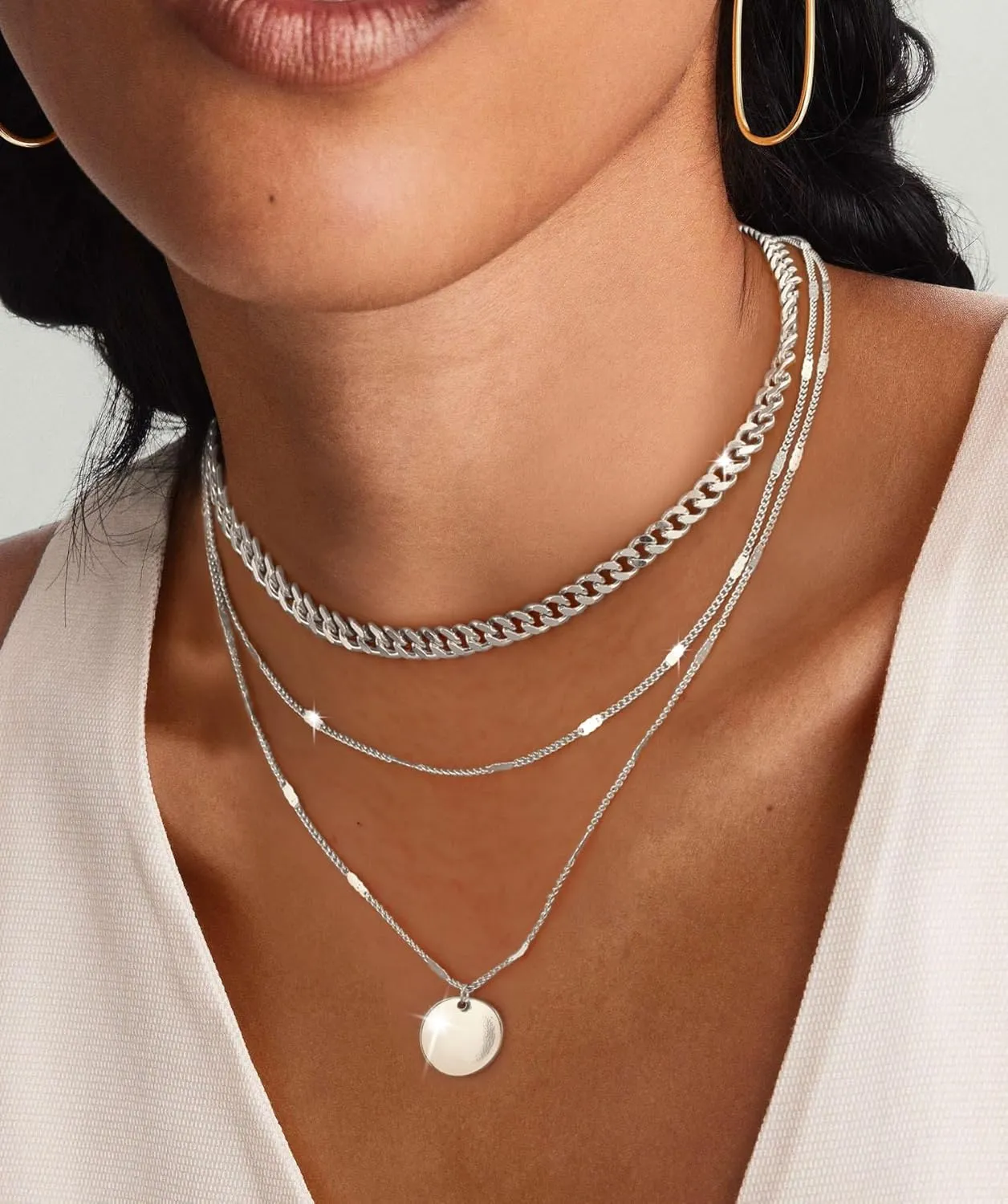 Layered Silver Necklaces for Women, Sterling Silver Stackable Stack Choker Necklaces for Women Trendy Layering Circle Pendant Chain Necklace Set Jewelry for Women