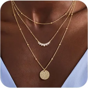 Layered Silver Necklaces for Women, Sterling Silver Stackable Stack Choker Necklaces Trendy Real Gold Plated Layering Disc Circle Pendant Chain Dainty Necklace Set Jewelry for Women