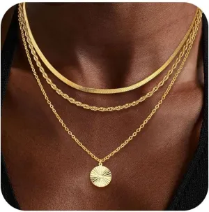 Layered Silver Necklaces for Women, Sterling Silver Stackable Stack Choker Necklaces Trendy Real Gold Plated Layering Disc Circle Pendant Chain Dainty Necklace Set Jewelry for Women