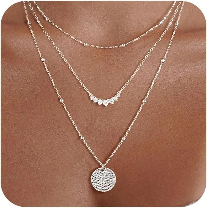 Layered Silver Necklaces for Women, Sterling Silver Stackable Stack Choker Necklaces Trendy Real Gold Plated Layering Disc Circle Pendant Chain Dainty Necklace Set Jewelry for Women