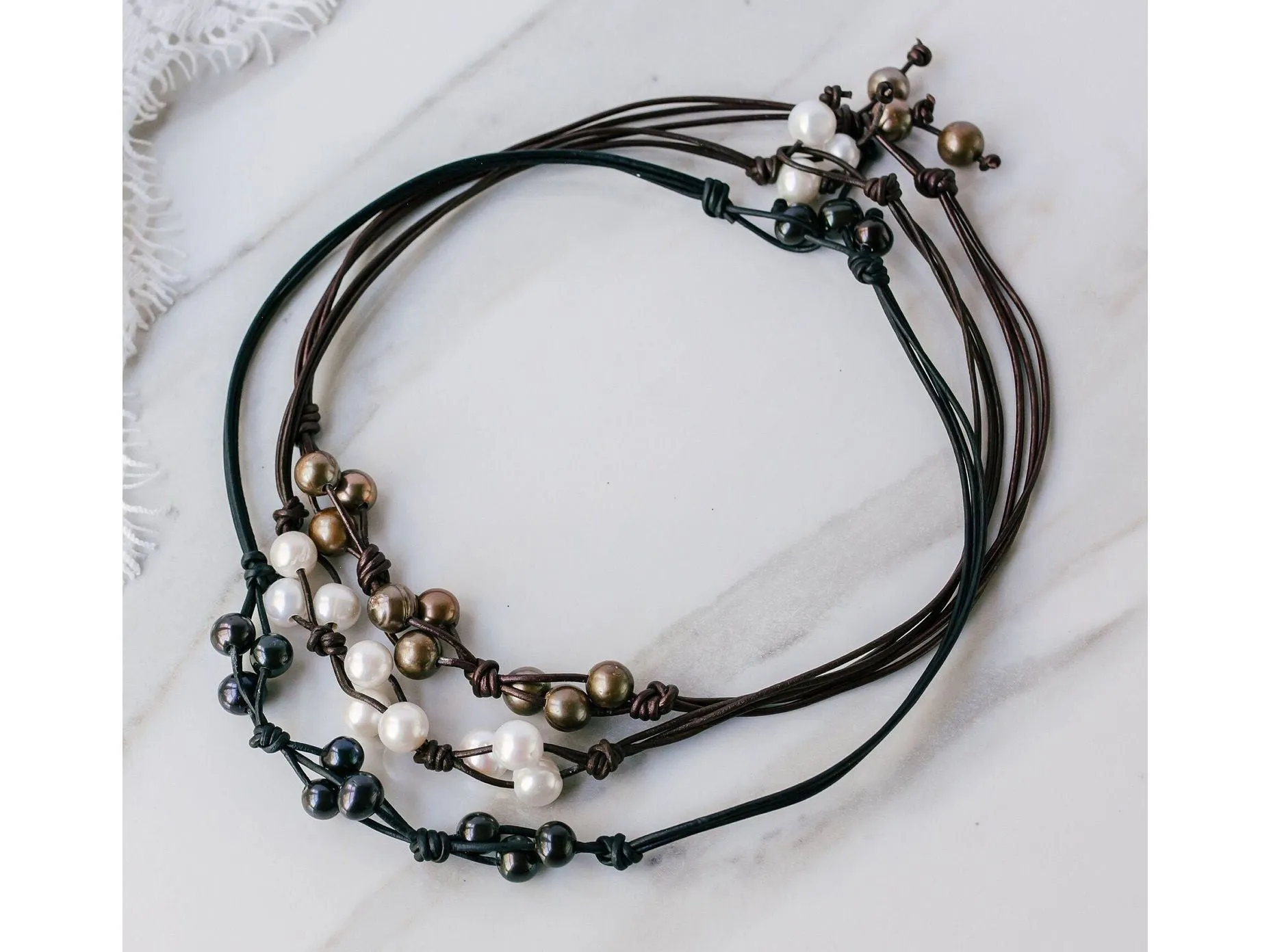 Leather and Pearl Cluster necklace