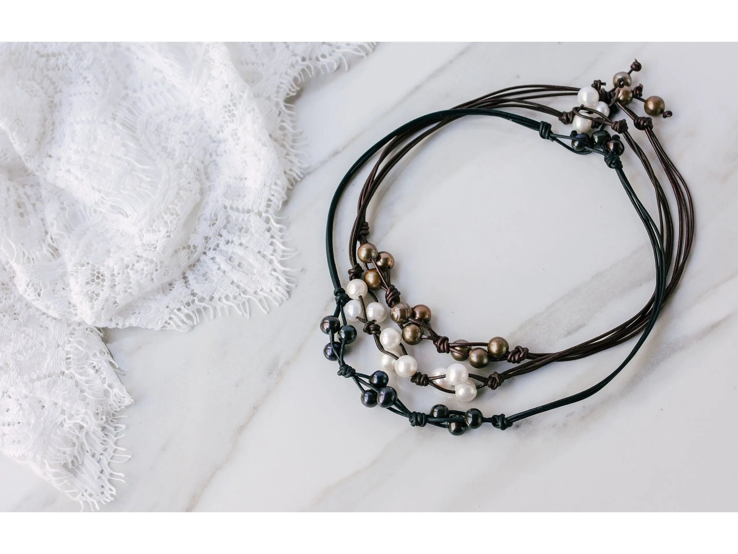 Leather and Pearl Cluster necklace