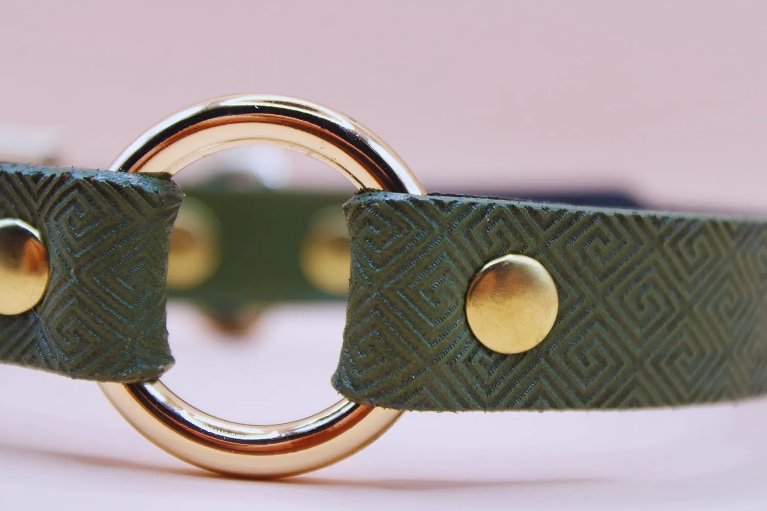 Leather O-Ring Choker Necklace, Green Geometric Pattern, Gold Studs