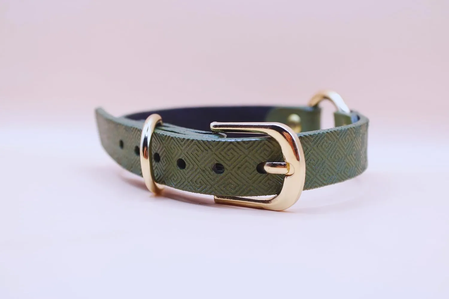 Leather O-Ring Choker Necklace, Green Geometric Pattern, Gold Studs