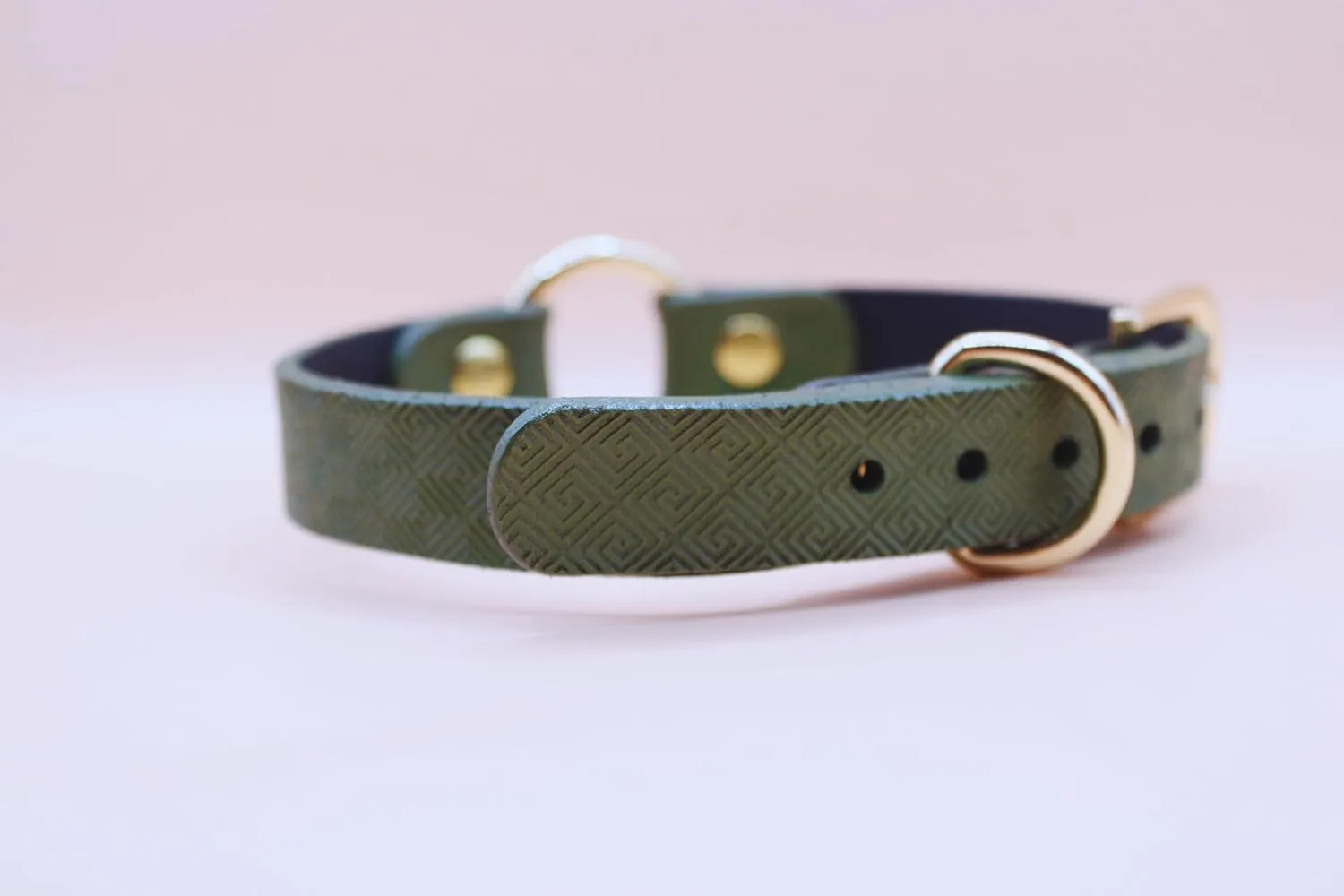 Leather O-Ring Choker Necklace, Green Geometric Pattern, Gold Studs