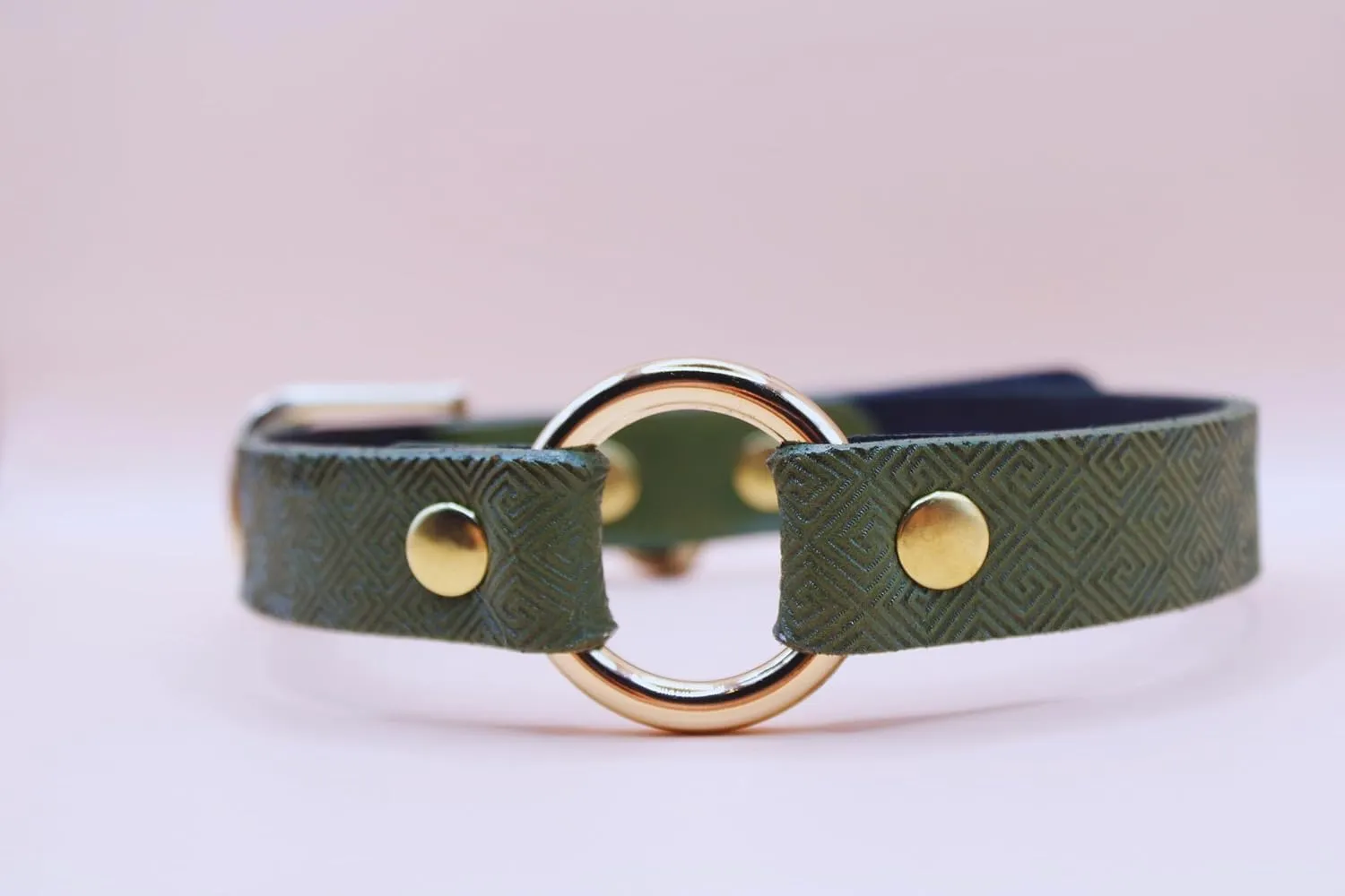 Leather O-Ring Choker Necklace, Green Geometric Pattern, Gold Studs