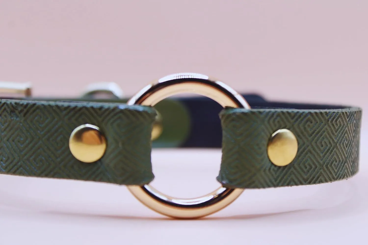 Leather O-Ring Choker Necklace, Green Geometric Pattern, Gold Studs