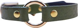 Leather O-Ring Choker Necklace, Green Geometric Pattern, Gold Studs