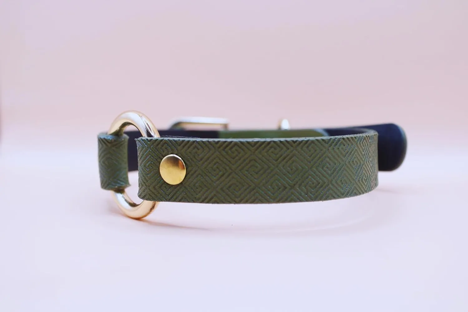 Leather O-Ring Choker Necklace, Green Geometric Pattern, Gold Studs