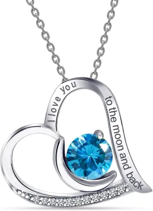 LeCalla 925 Sterling Silver Heart Pendant Necklace | Birthstone Necklace for Women | I Love You to The Moon and Back Love Heart Pendant Necklace for Women