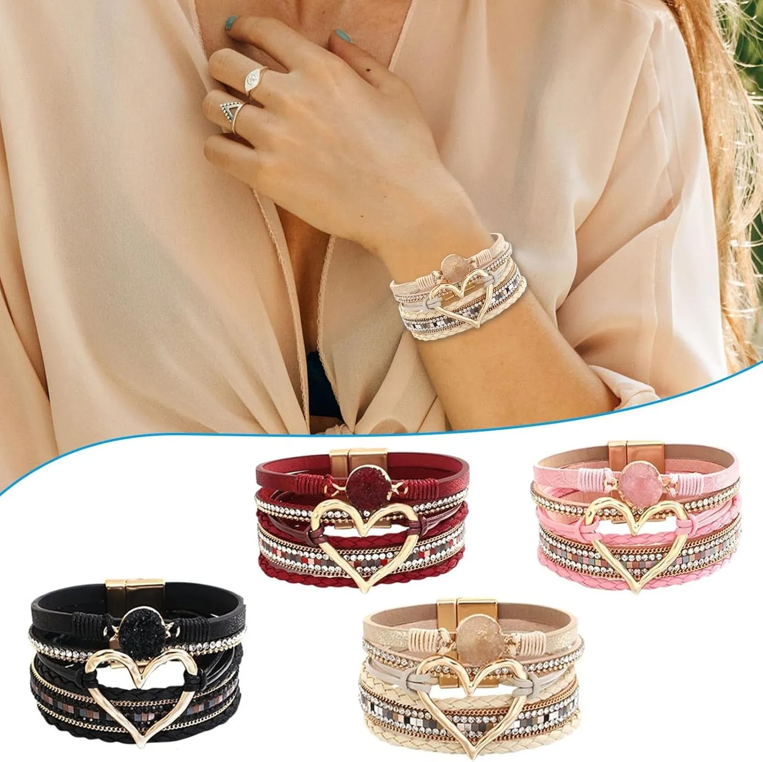Leopard Bracelet for Women, Boho Leather Wrap Multi-Layer Pearl Crystal Bracelet Bangle Jewelry Matching Bracelets