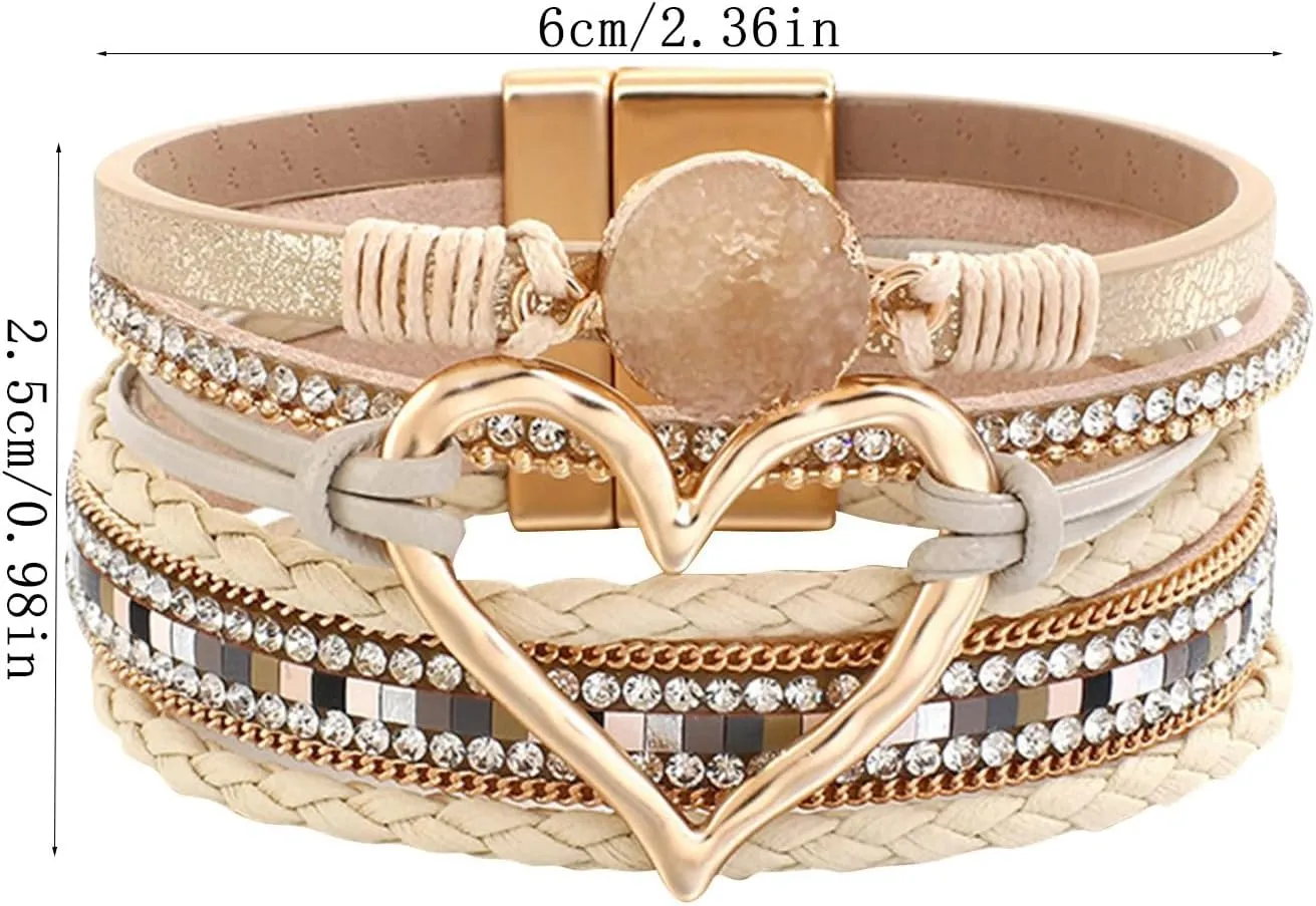 Leopard Bracelet for Women, Boho Leather Wrap Multi-Layer Pearl Crystal Bracelet Bangle Jewelry Matching Bracelets