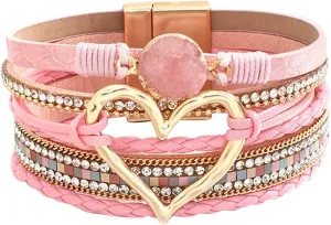 Leopard Bracelet for Women, Boho Leather Wrap Multi-Layer Pearl Crystal Bracelet Bangle Jewelry Matching Bracelets