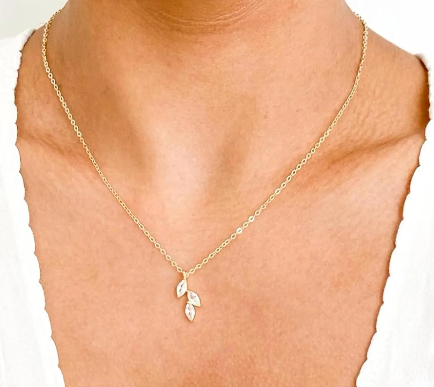 LEXODY Diamond Necklaces for Women, Dainty 14k Gold Plated Leaf Pendant Necklace Layered CZ Necklace Simple Choker Necklaces for Women Trendy Jewelry Gifts