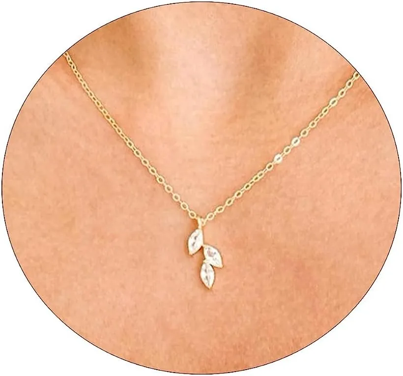 LEXODY Diamond Necklaces for Women, Dainty 14k Gold Plated Leaf Pendant Necklace Layered CZ Necklace Simple Choker Necklaces for Women Trendy Jewelry Gifts