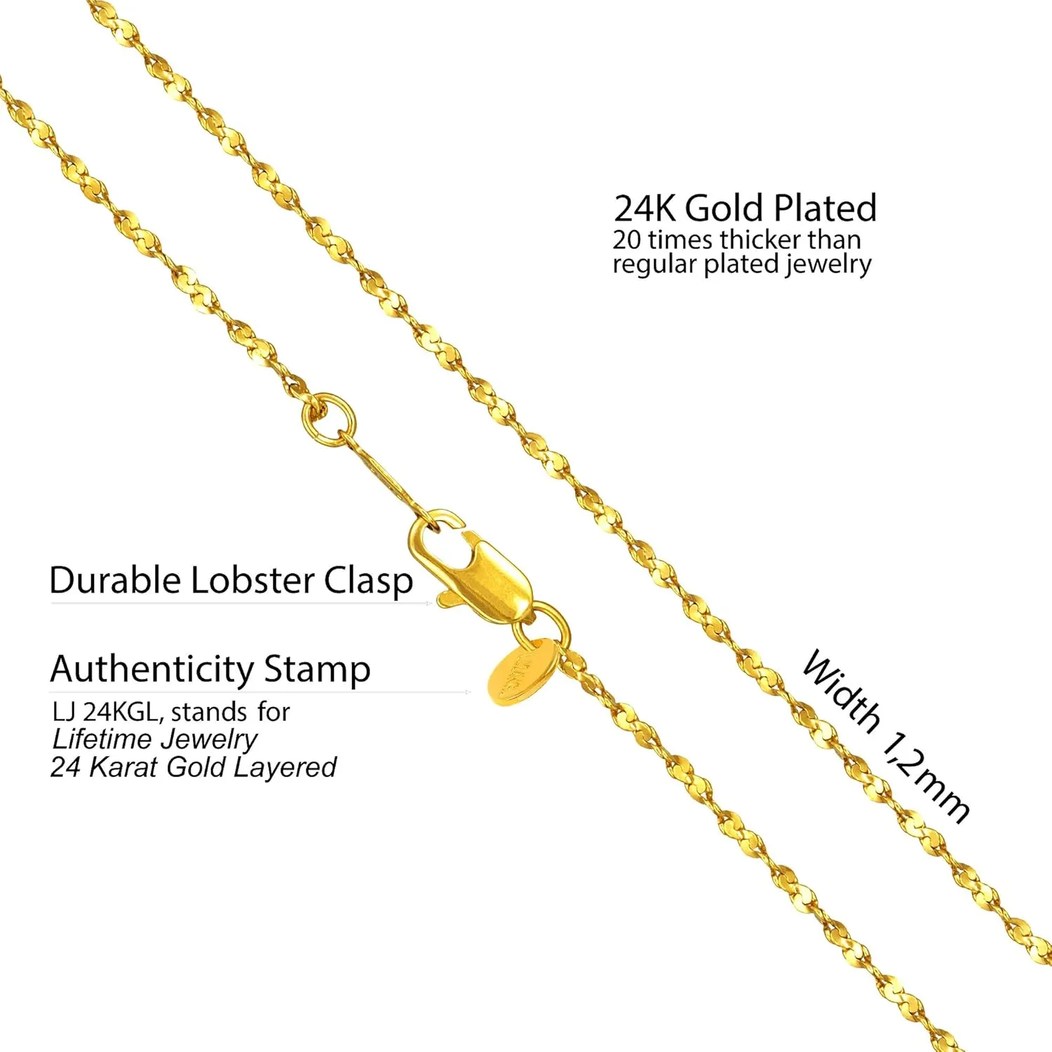 LIFETIME JEWELRY 1.2mm Twisted Nugget Chain Necklace 24k Real Gold Plated