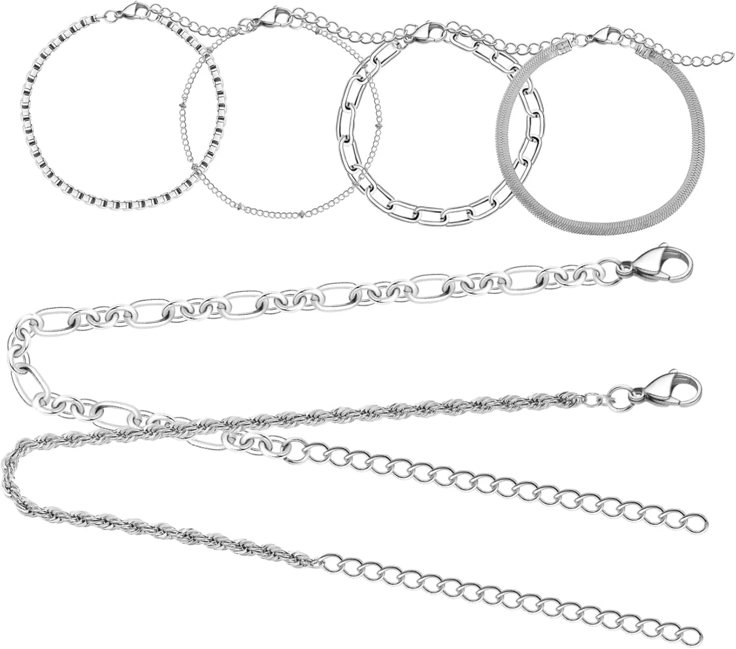 LIFKOME Wide Silver Bracelets for Women 6pc Stackable Wrist Chain Metal Link Bangles Minimalist Jewelry for Women