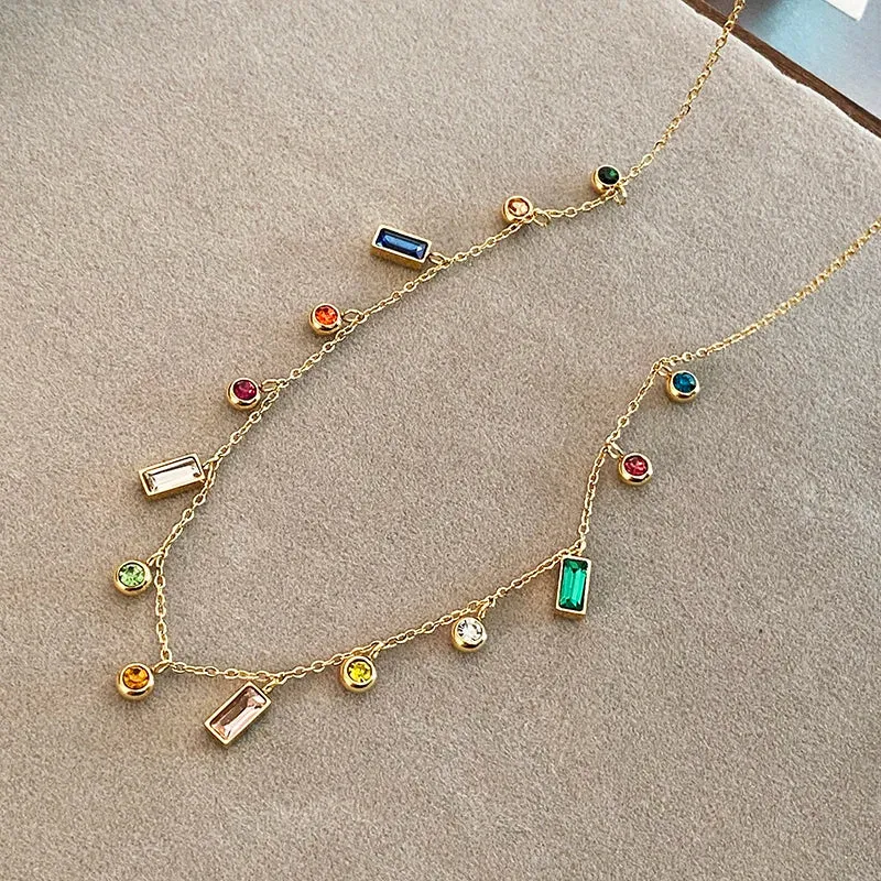 Light Luxury Stainless Steel Colorful Zircon Short Collar Necklace for Women