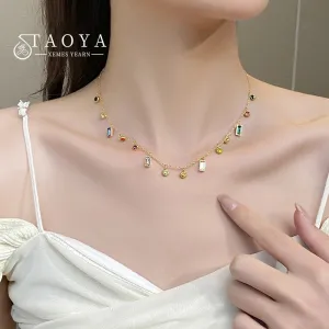 Light Luxury Stainless Steel Colorful Zircon Short Collar Necklace for Women