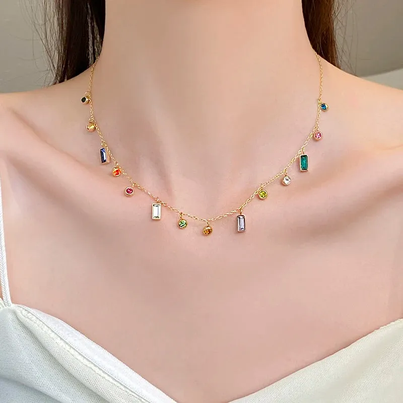 Light Luxury Stainless Steel Colorful Zircon Short Collar Necklace for Women
