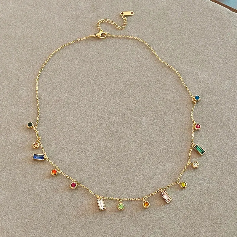 Light Luxury Stainless Steel Colorful Zircon Short Collar Necklace for Women
