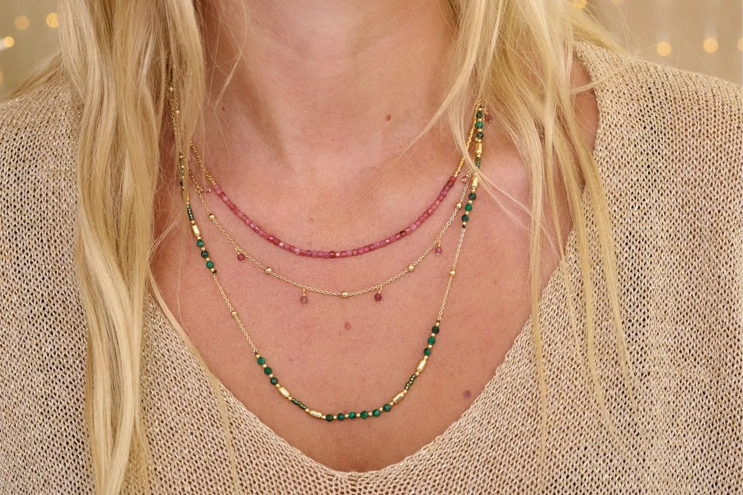 Lily Gold & Pink Tourmaline Beaded Layer Necklace