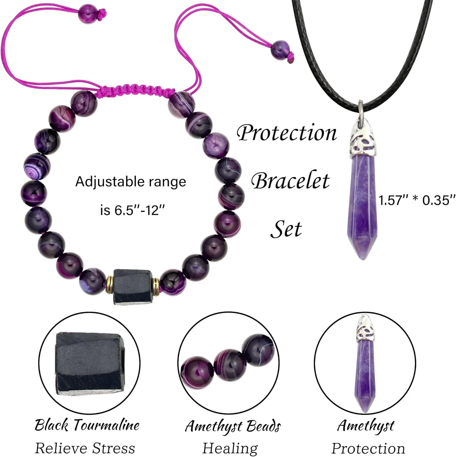 LINY Triple Protection Bracelet - Natural Stone Beads Healing Energy Bracelet Adjustable Braid Rope Tourmaline Bracelet for Women Men