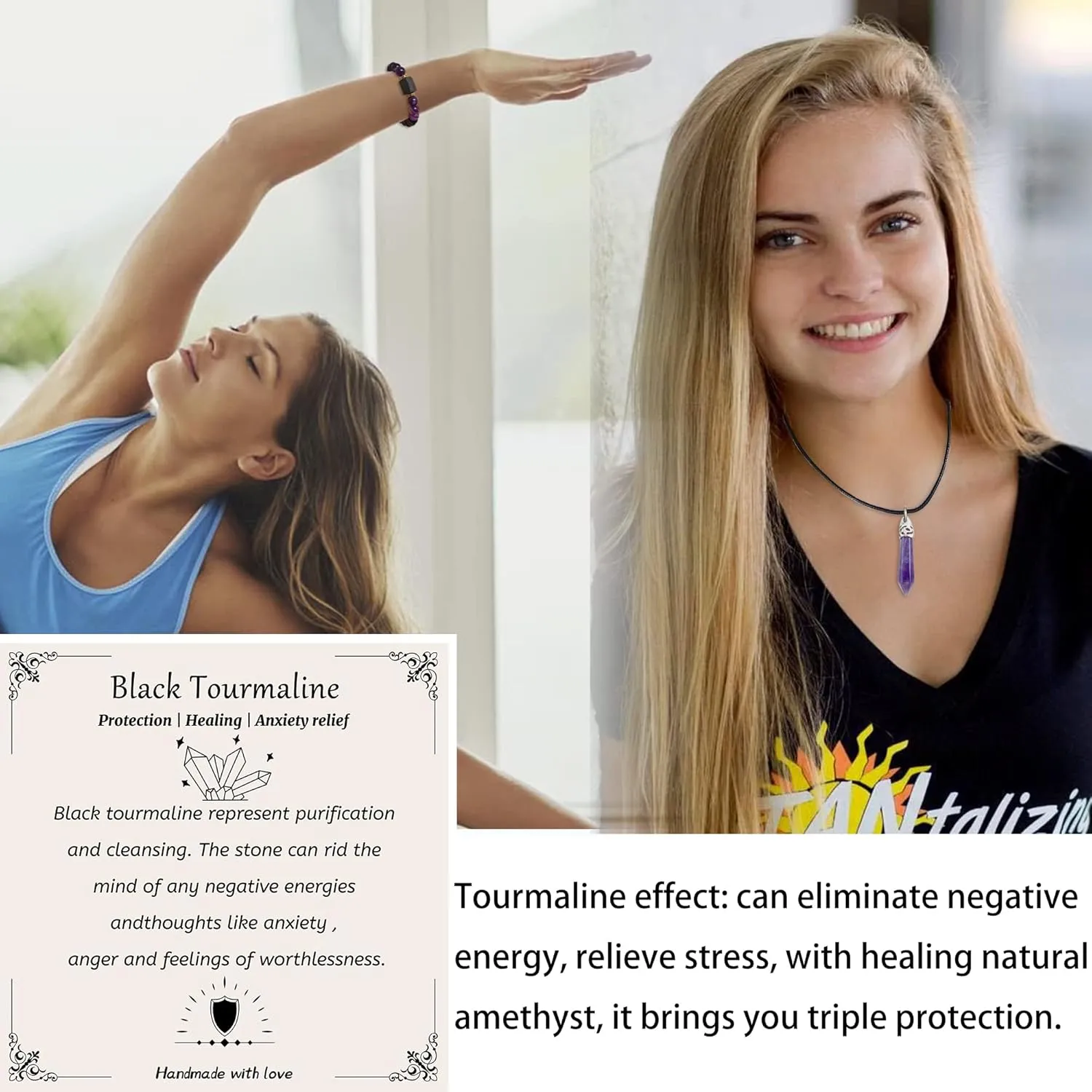 LINY Triple Protection Bracelet - Natural Stone Beads Healing Energy Bracelet Adjustable Braid Rope Tourmaline Bracelet for Women Men